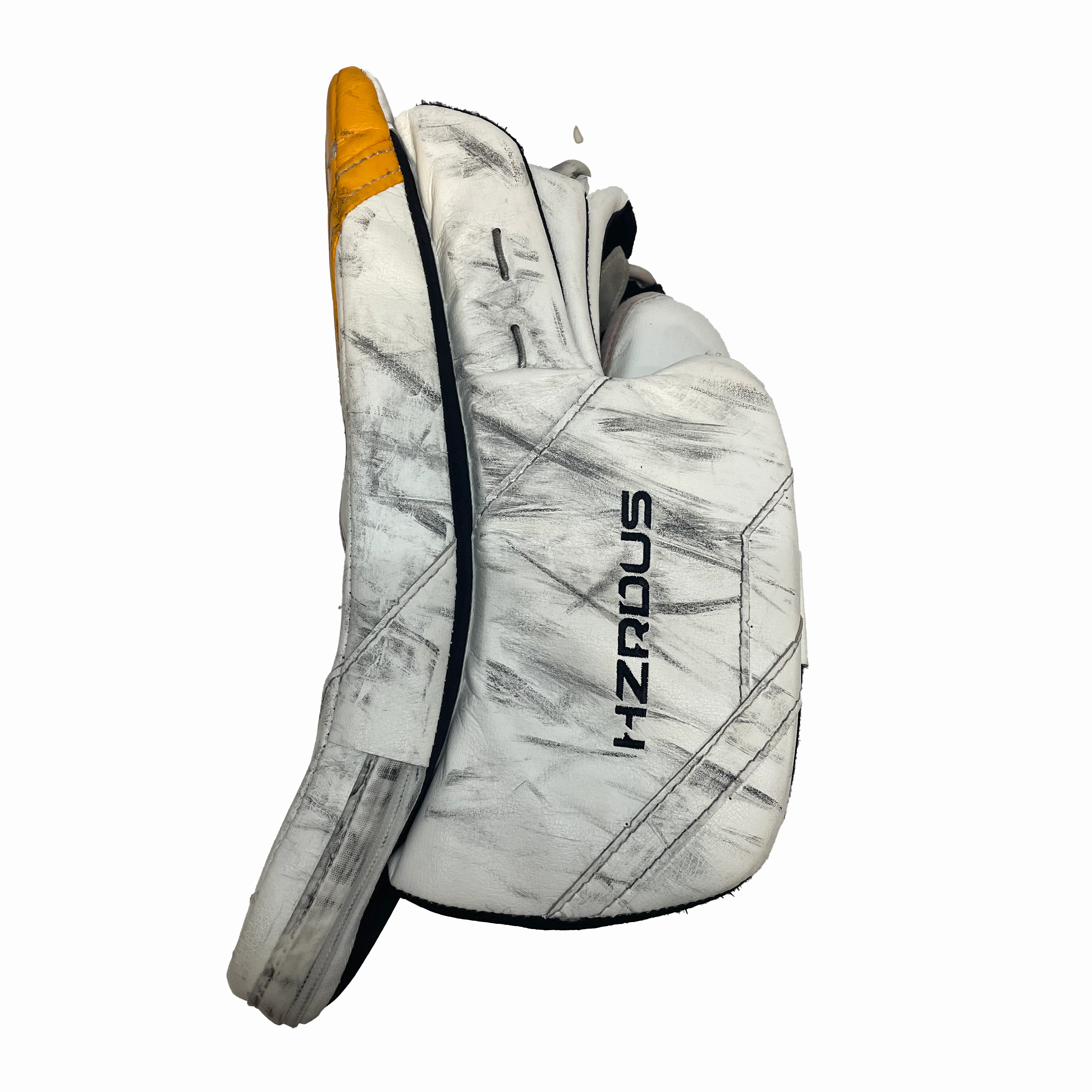 True HZRDUS PX4 - Used Full Right Pro Stock Goalie Blocker - Brandon Bussi (White/Black/Yellow) - Image 4