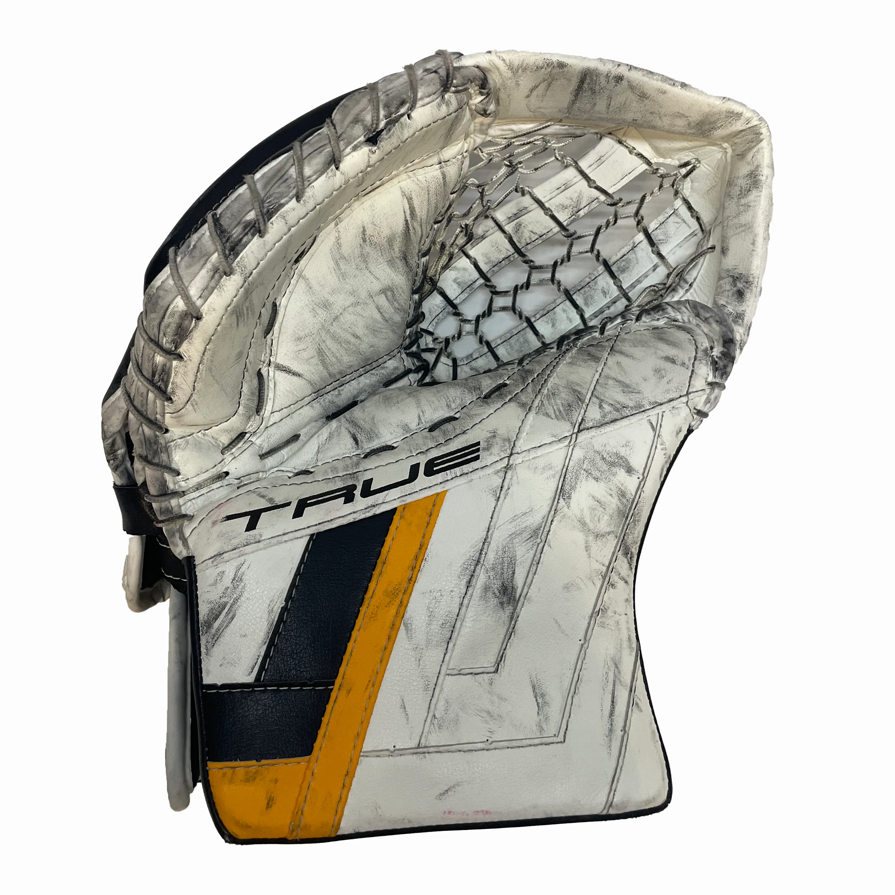 True HZRDUS PX4 - Used Full Right Pro Stock Goalie Glove - Brandon Bussi (White/Black/Yellow)