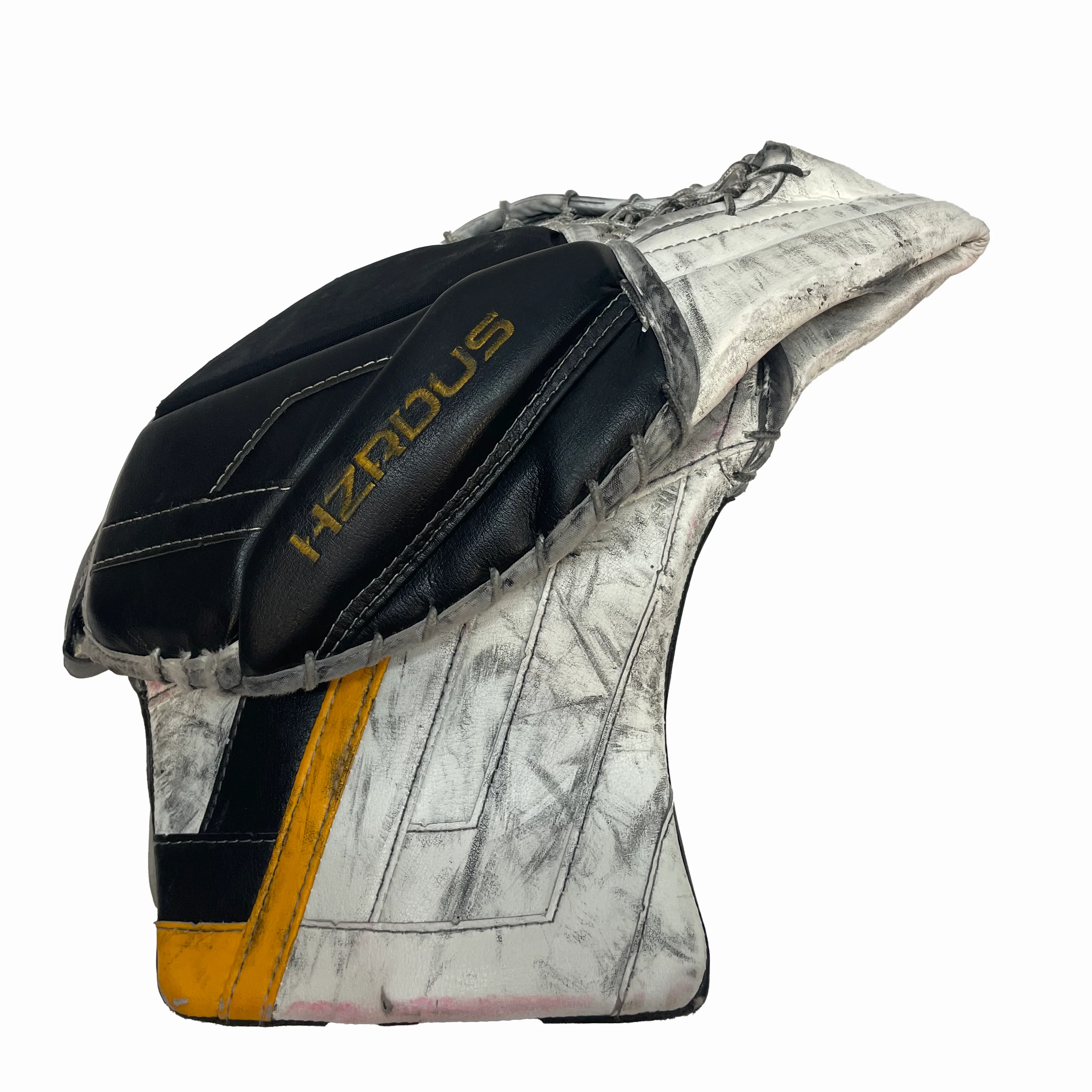 True HZRDUS PX4 - Used Full Right Pro Stock Goalie Glove - Brandon Bussi (White/Black/Yellow) *Practice Palm - Image 2
