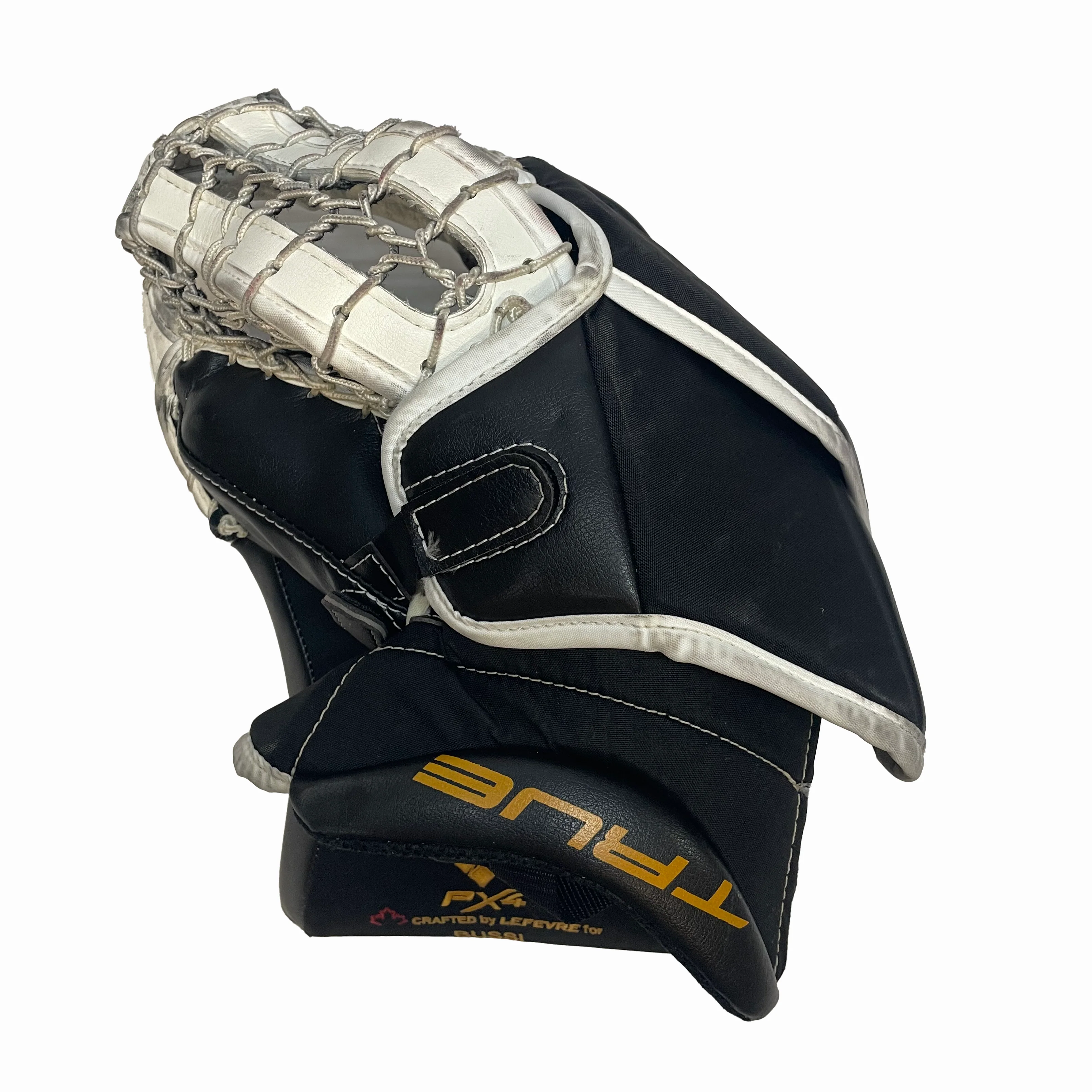 True HZRDUS PX4 - Used Full Right Pro Stock Goalie Glove - Brandon Bussi (White/Black/Yellow) *Practice Palm - Image 3