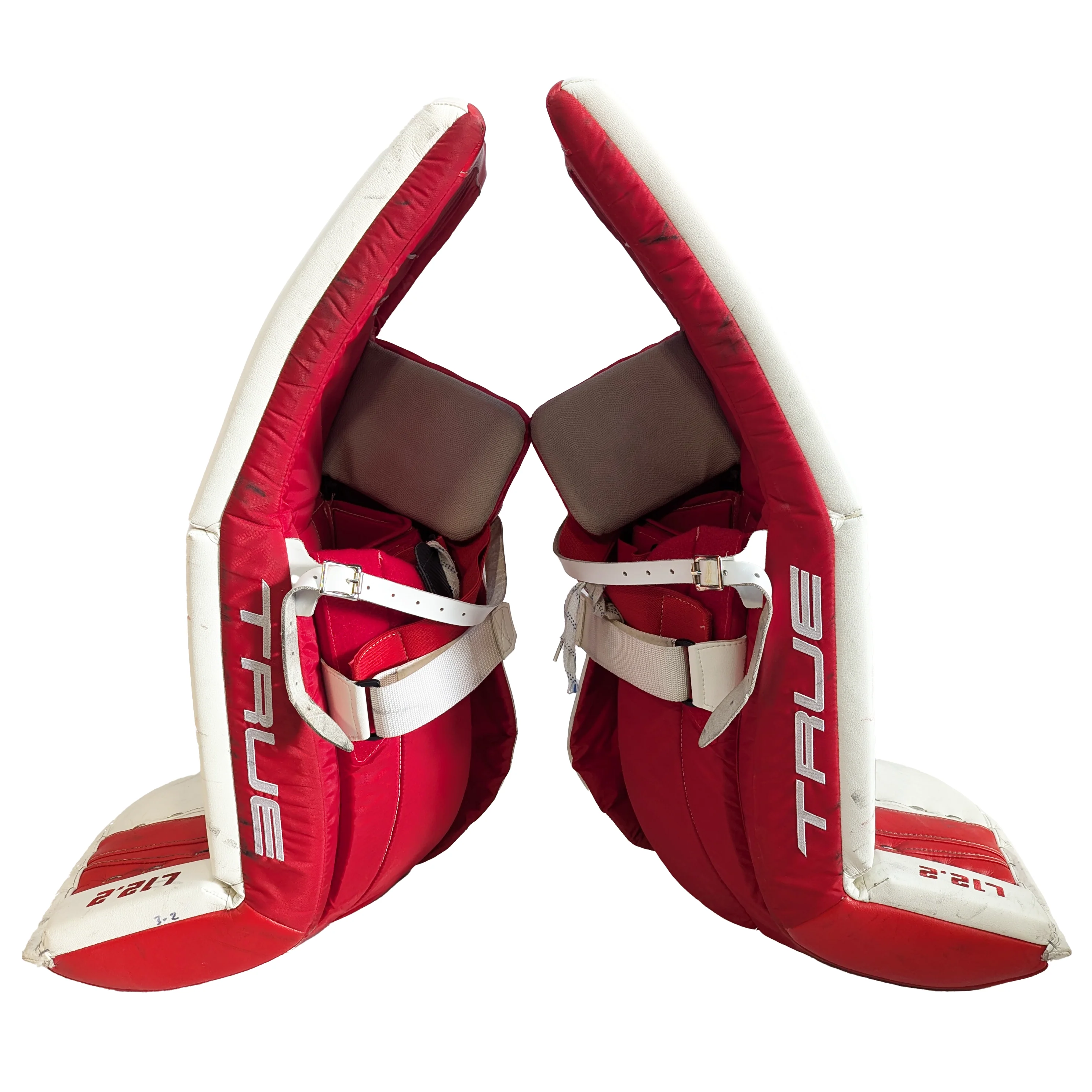 TRUE L12.2 - Used AHL Pro Stock Goalie Pads (White/Red) - Image 2