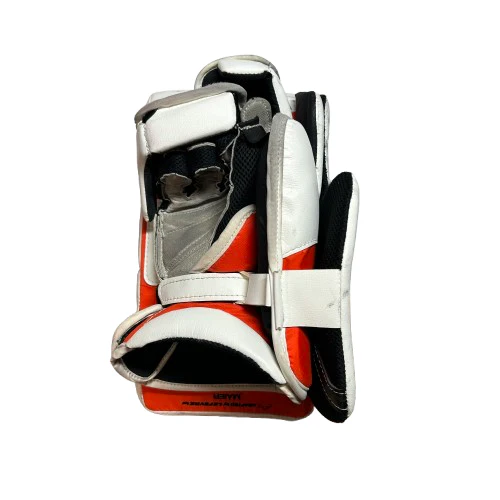 True L20.2 - Used Pro Stock Goalie Blocker (White/Orange/Black) - Image 3