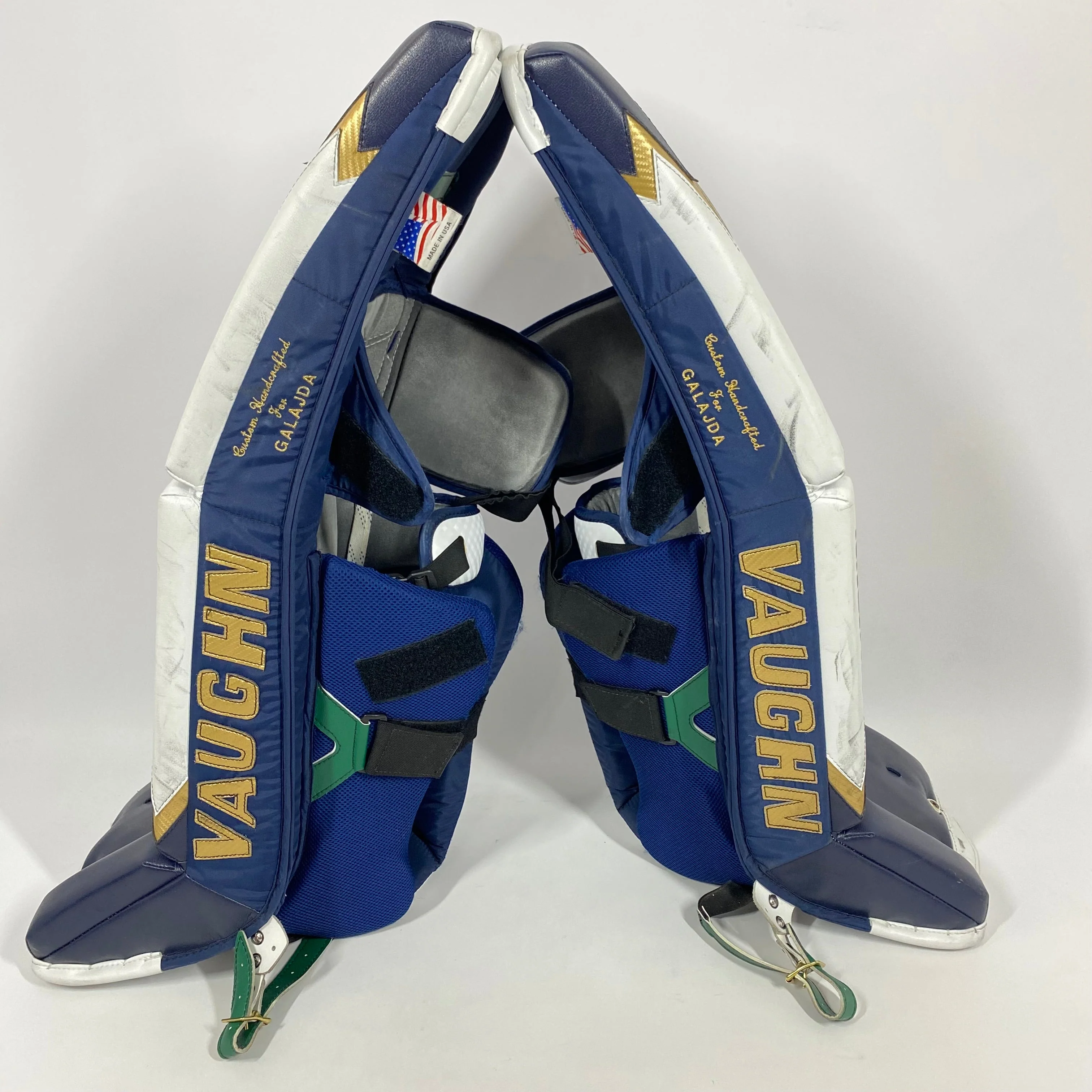 Vaughn Pro Custom - Used NCAA Pro Stock Goalie Pads (White/Blue/Gold) - Image 3