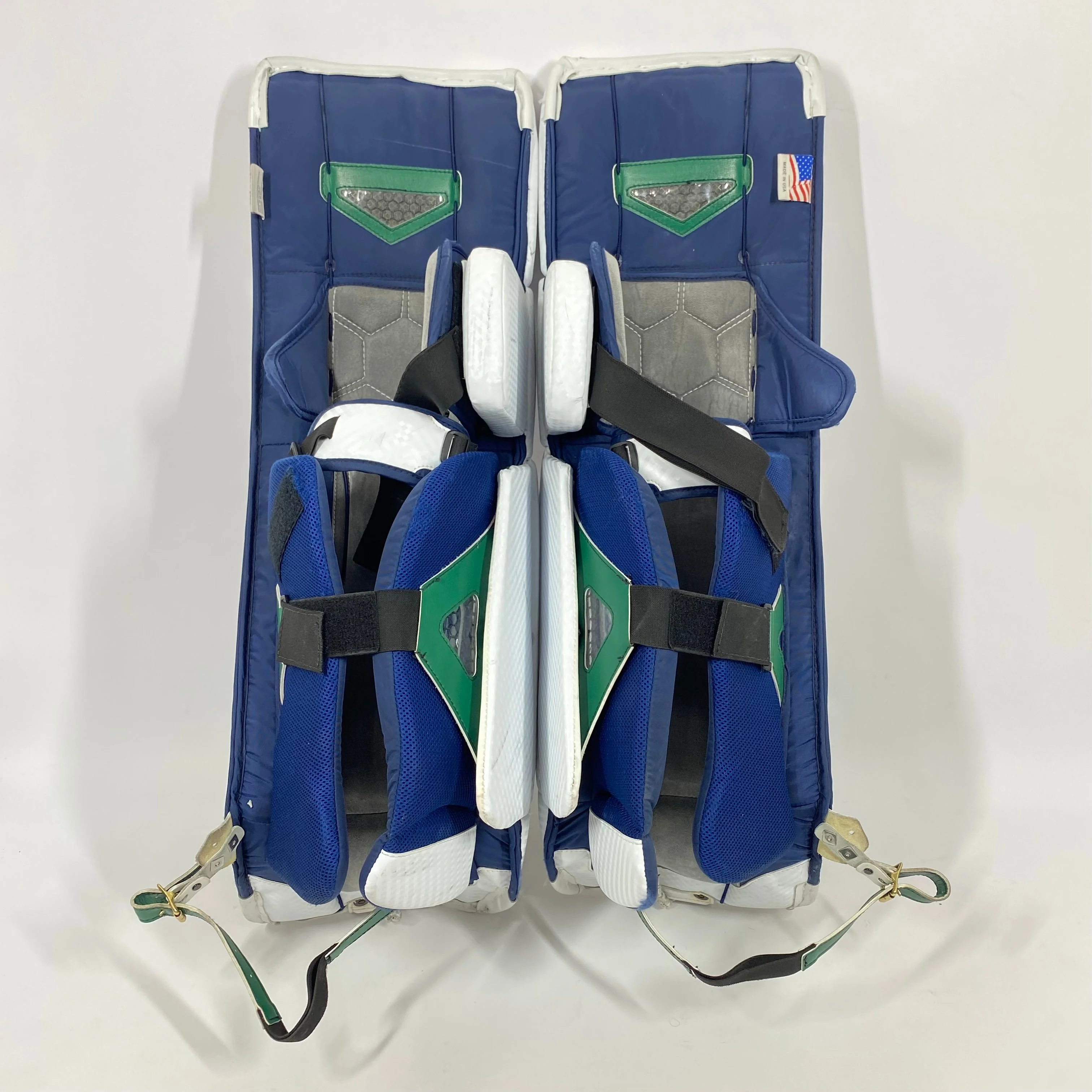 Vaughn Pro Custom - Used NCAA Pro Stock Goalie Pads (White/Blue/Gold) - Image 4