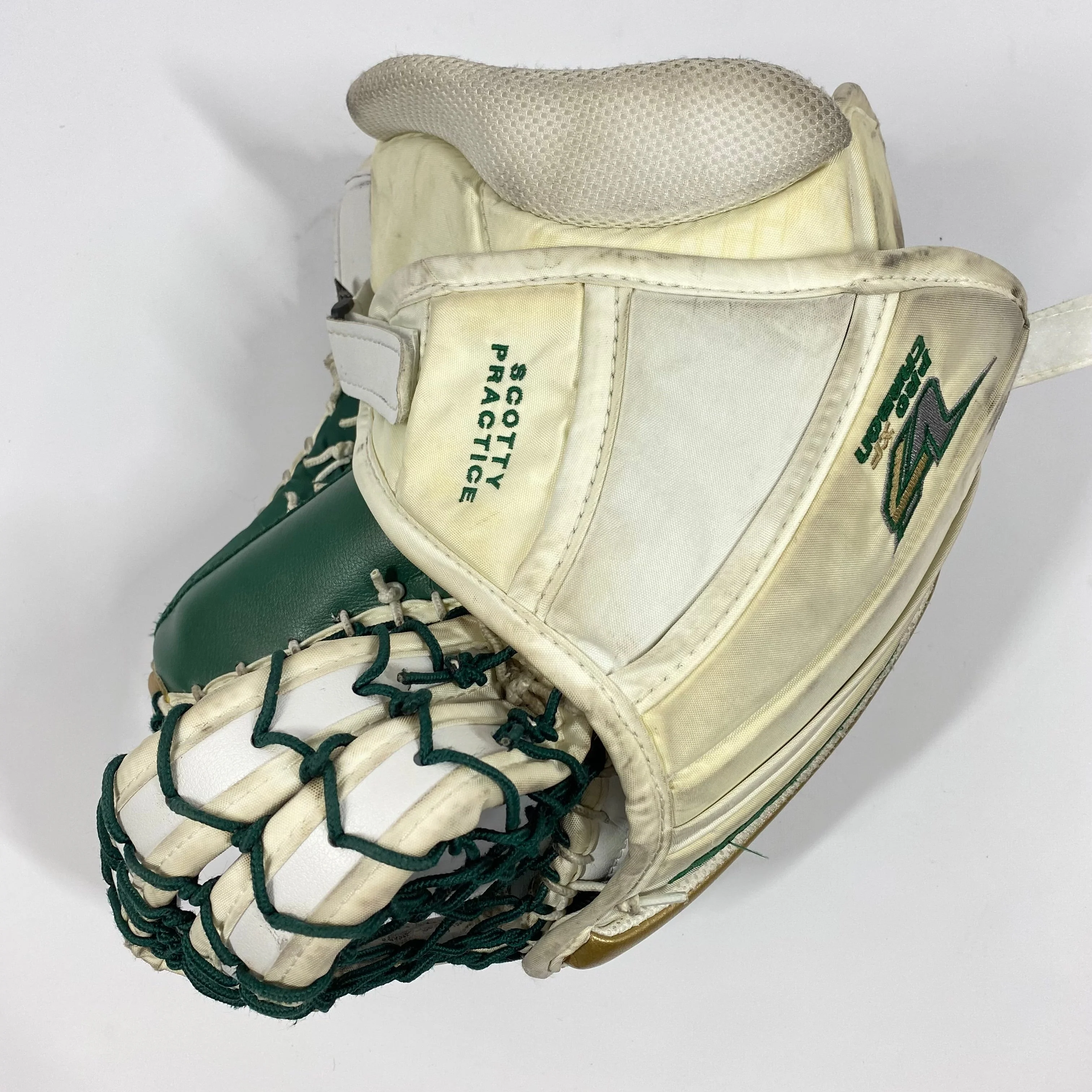 Vaughn V7 XF Carbon - Used Pro Stock Goalie Glove (White/Green/Gold) - Image 2