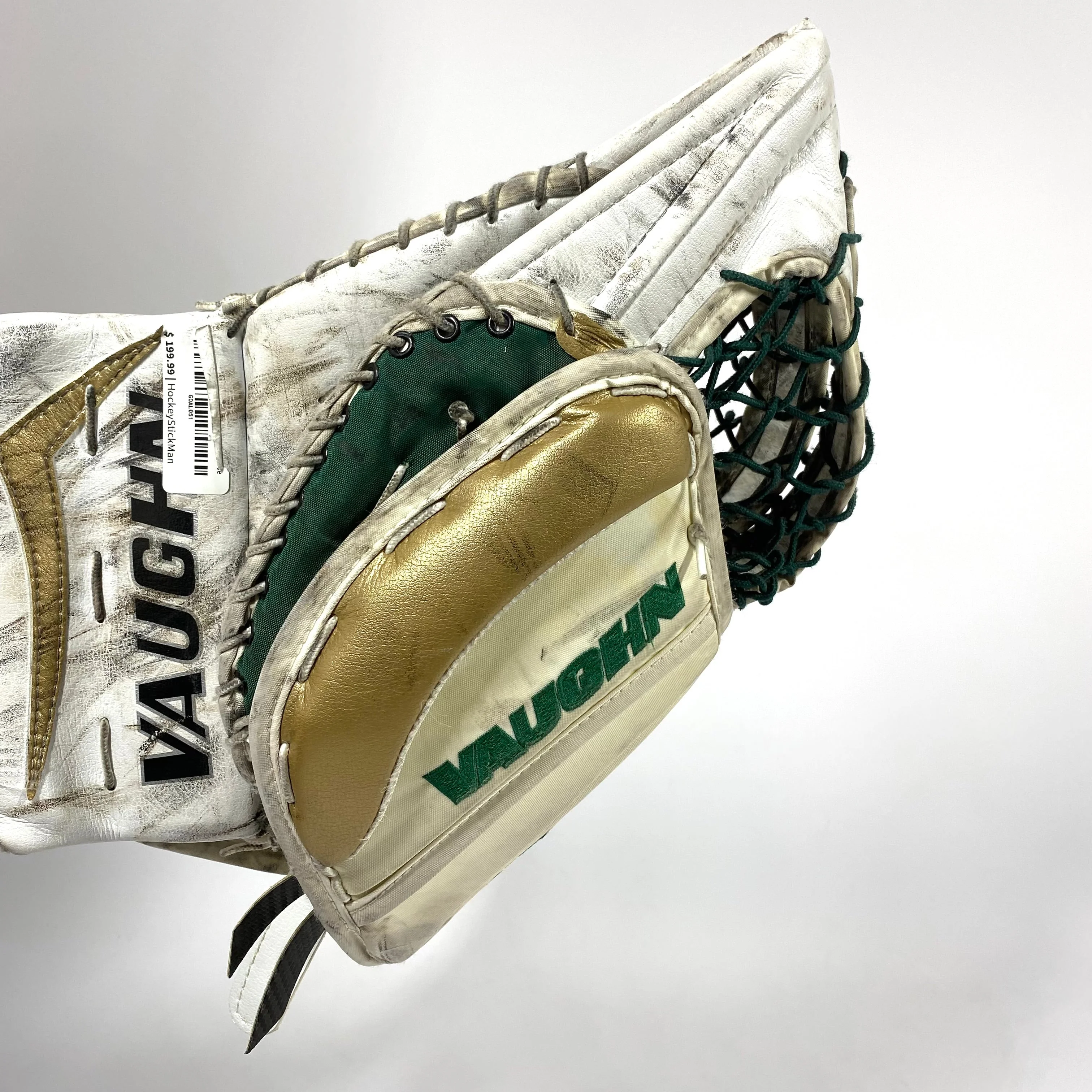 Vaughn V7 XF Carbon - Used Pro Stock Goalie Glove (White/Green/Gold) - Image 4