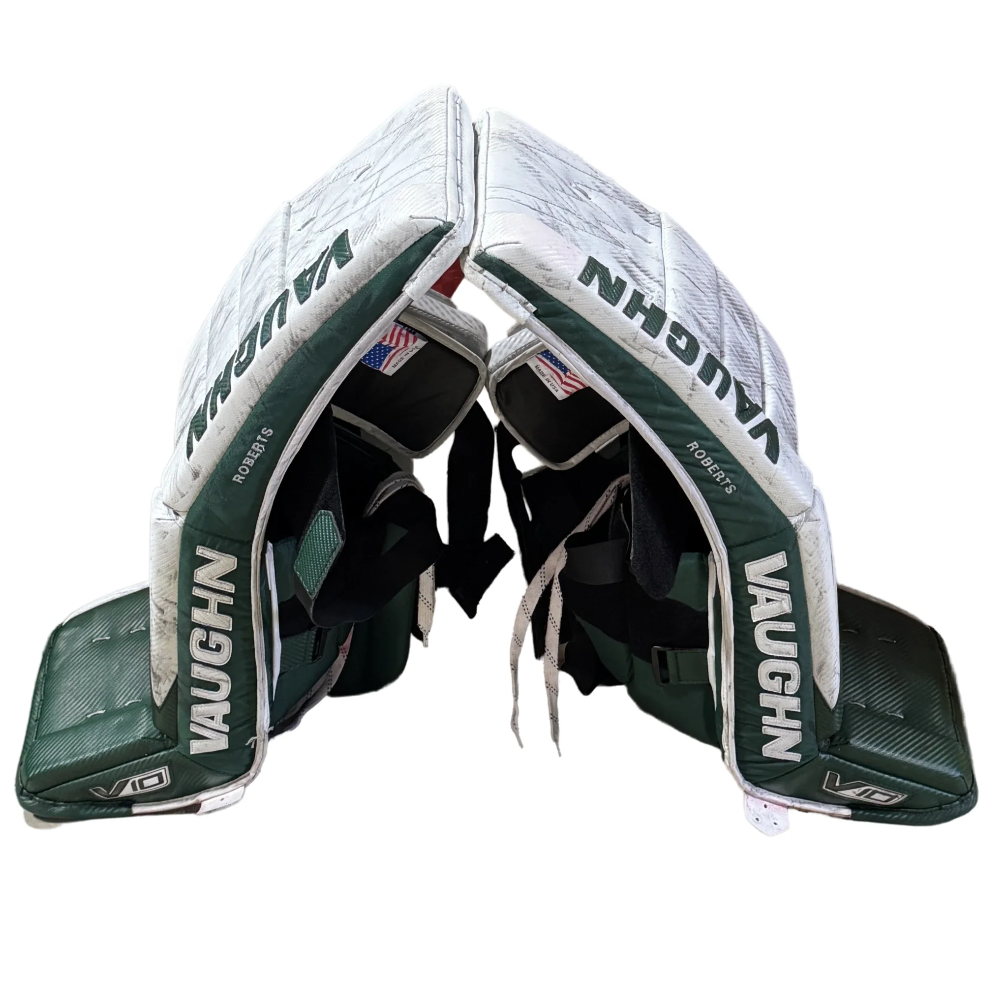 Vaughn Velocity V10 - Used Pro Stock Goalie Pads (White/Green) - Image 4