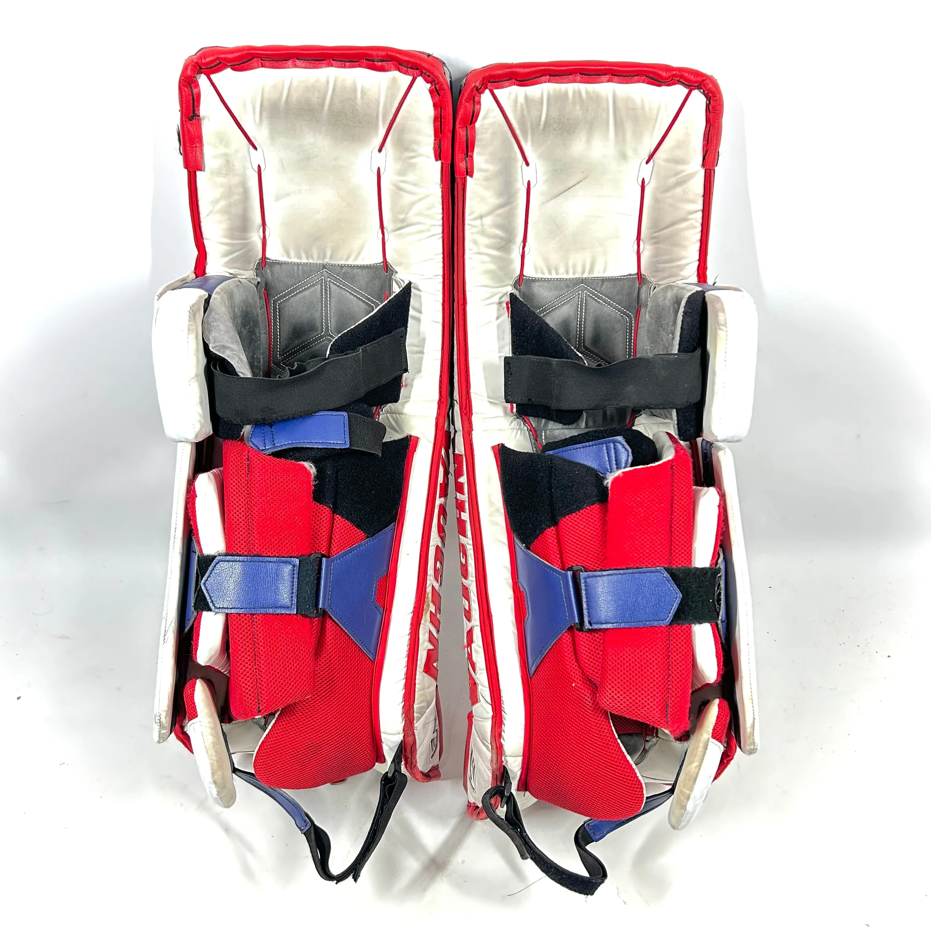 Vaughn Velocity V9 - Used OHL Pro Stock Senior Goalie Pads (White/Red/Blue) - Image 3