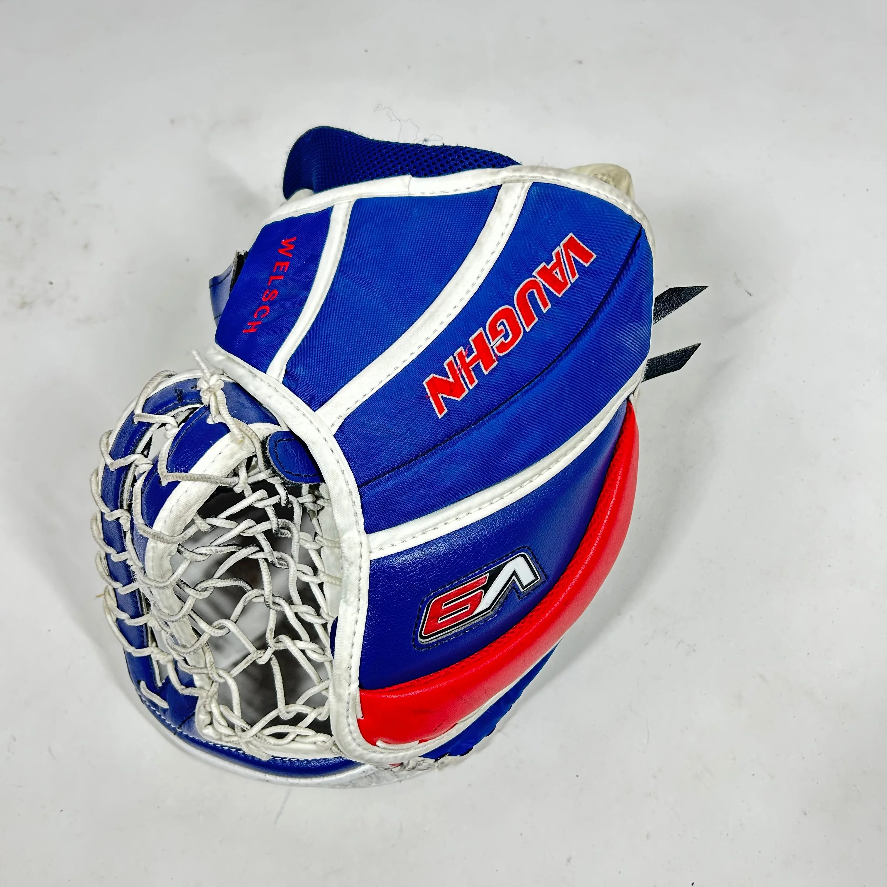 Vaughn Velocity V9 - Used Pro Stock Goalie Glove (White/Blue/Red) - Image 2