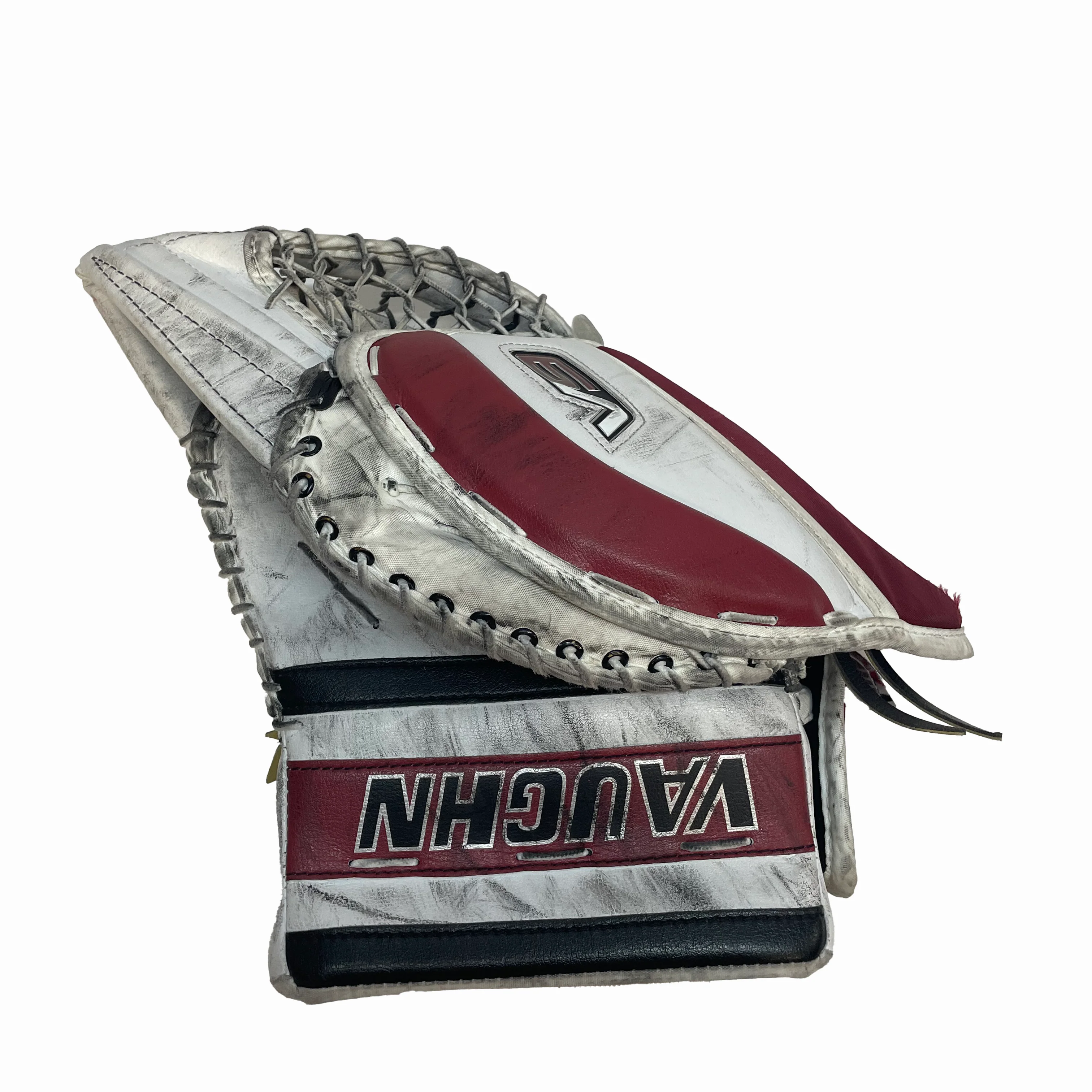 Vaughn Velocity V9 - Used Pro Stock Goalie Glove (White/Maroon/Black) - Image 2