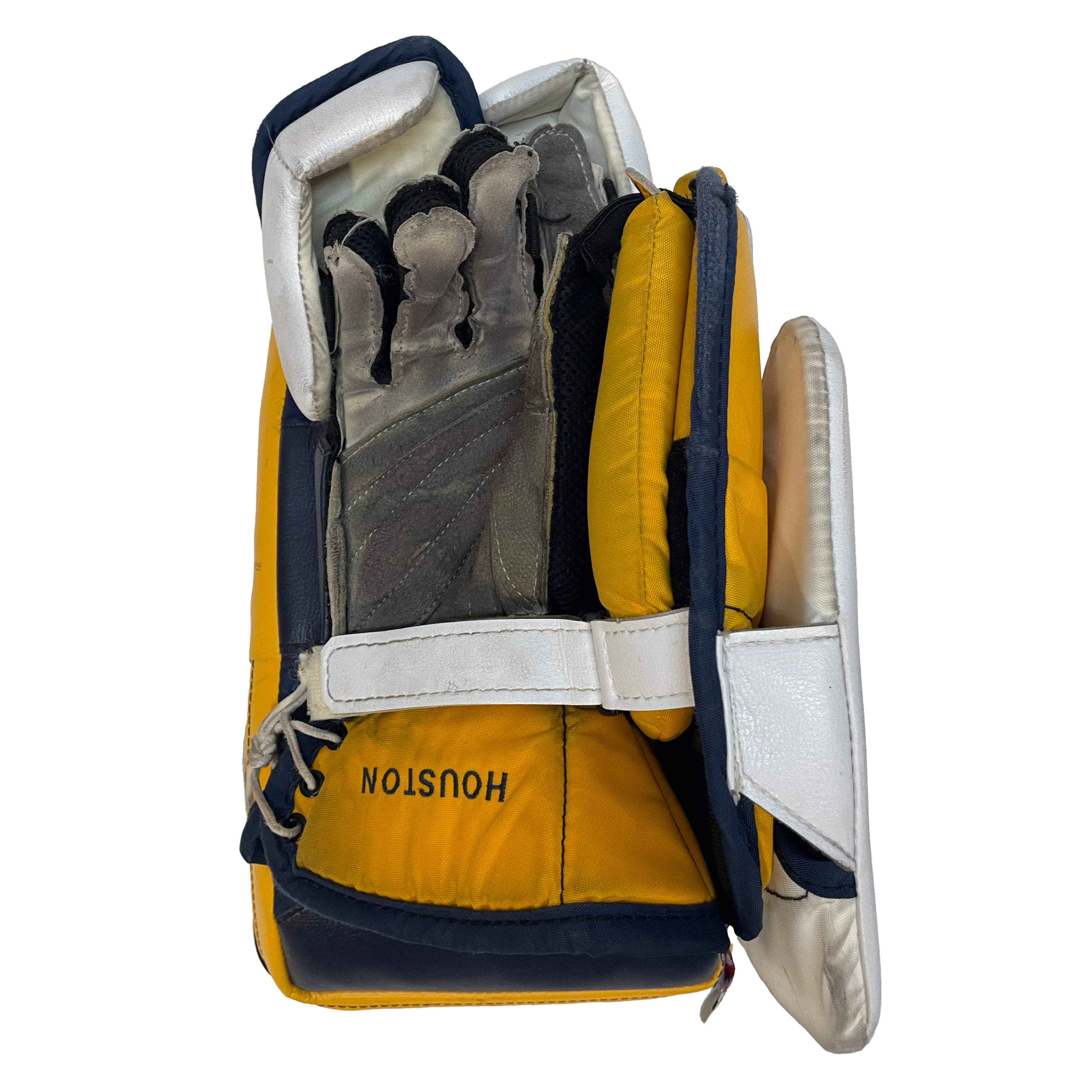 Vaughn Velocity V9 - Used Pro Stock Senior Goalie Pads (White/Yellow/Navy) - Image 10