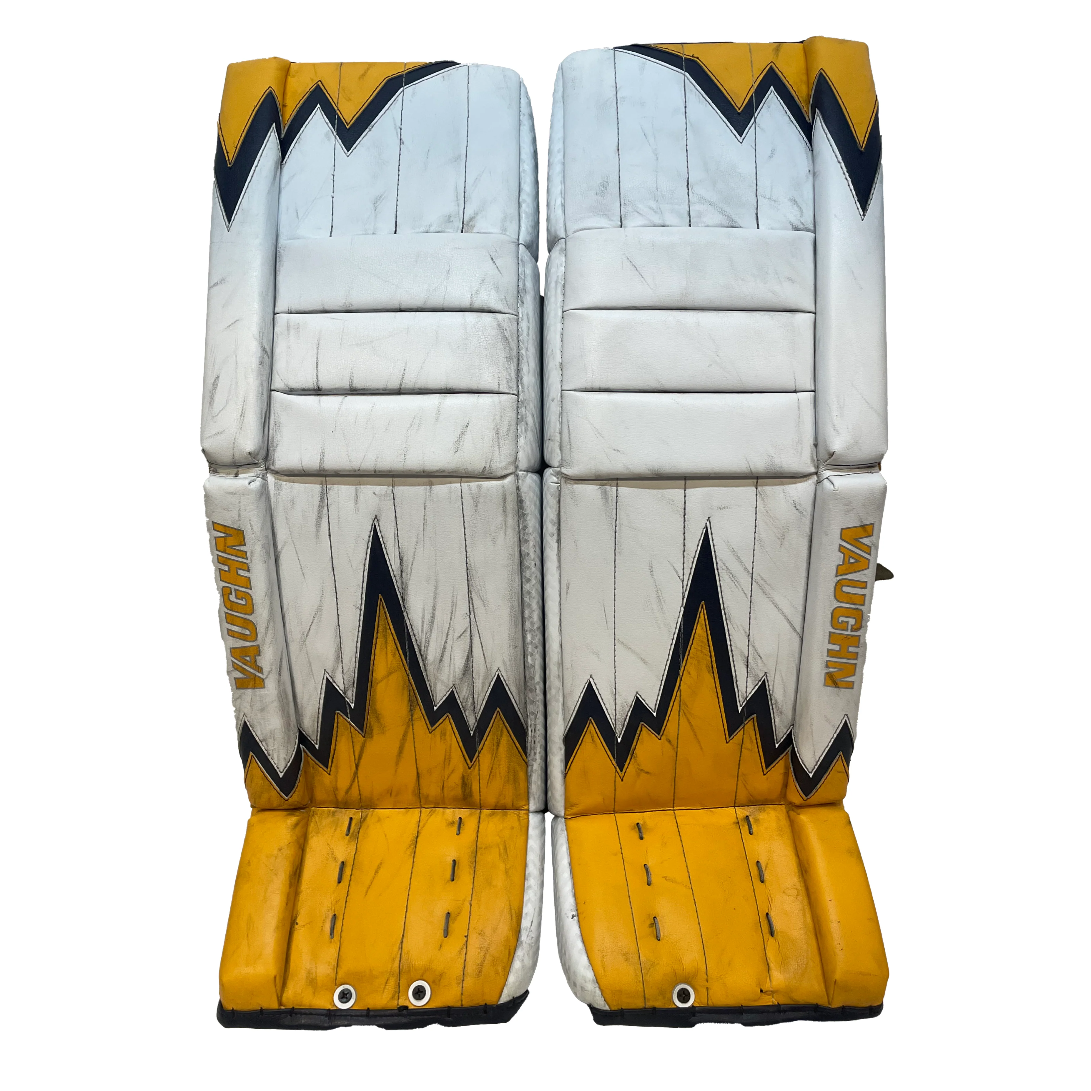 Vaughn Velocity V9 - Used Pro Stock Senior Goalie Pads (White/Yellow/Navy) - Image 2