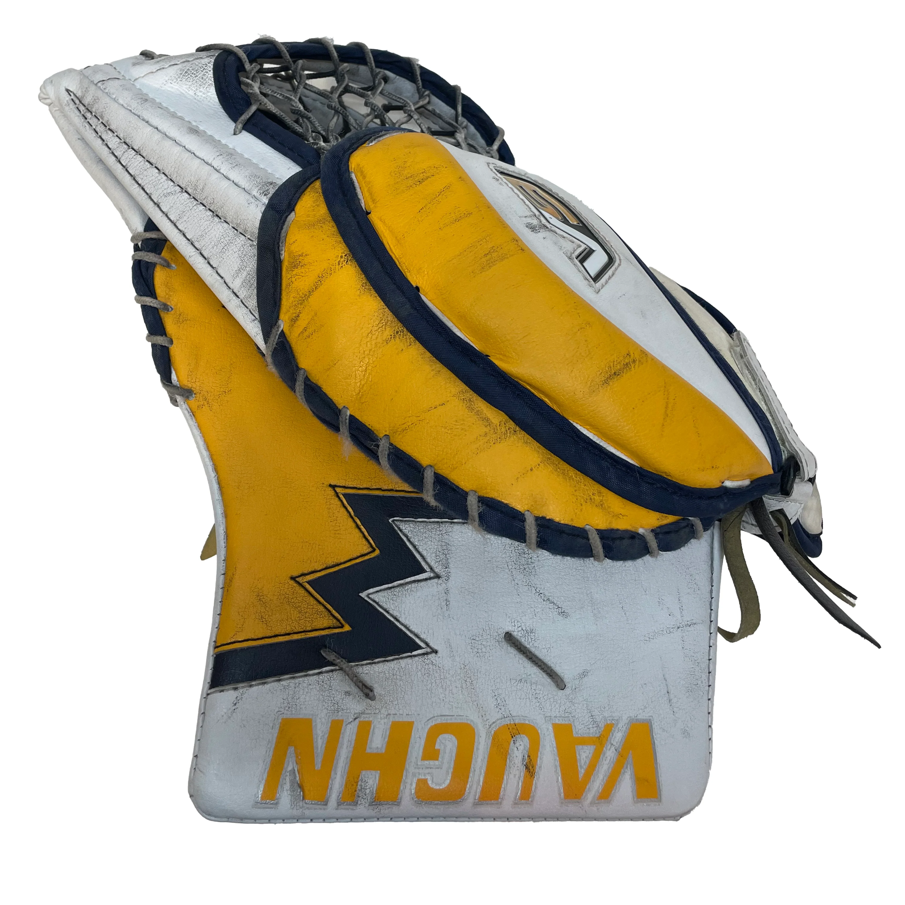 Vaughn Velocity V9 - Used Pro Stock Senior Goalie Pads (White/Yellow/Navy) - Image 7
