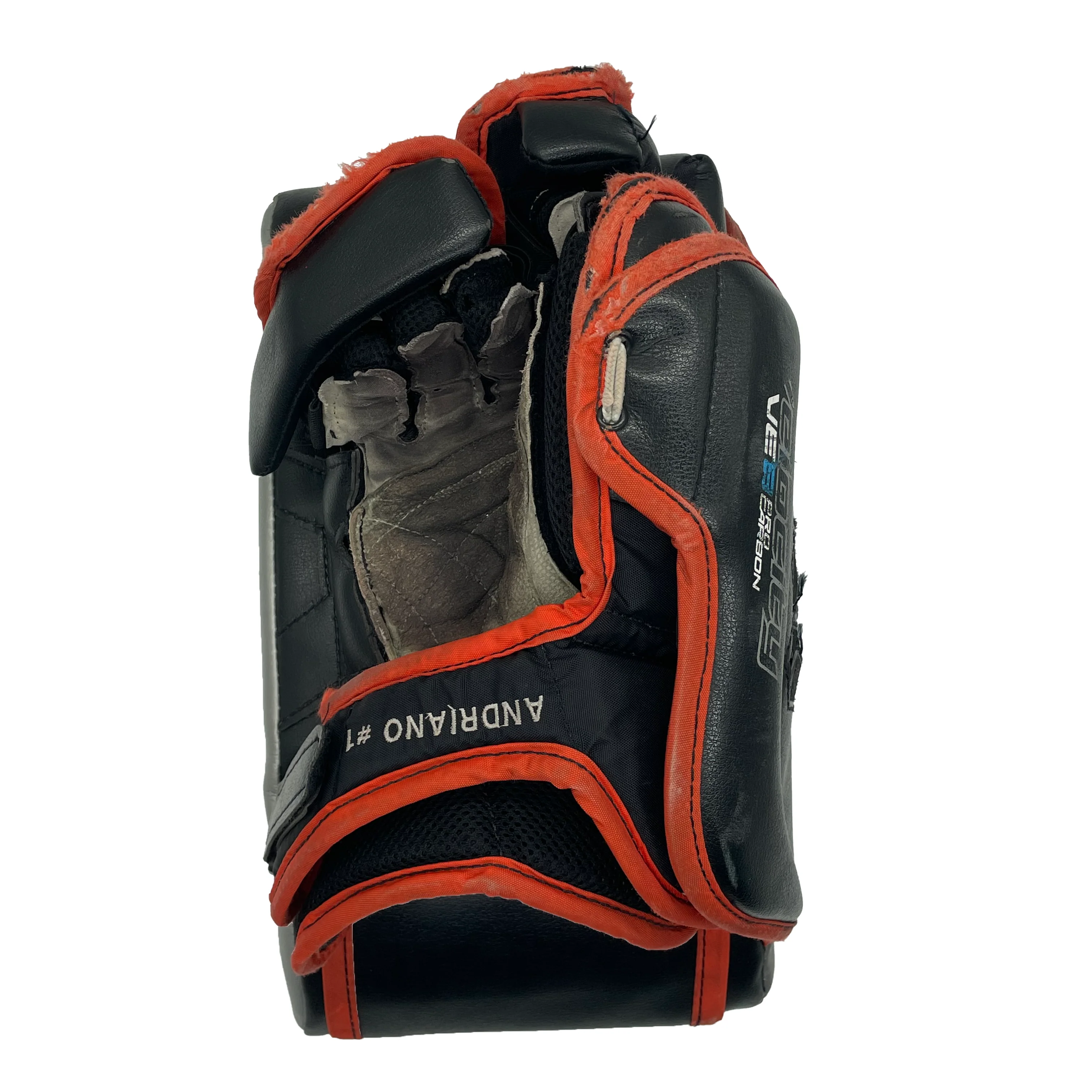 Vaughn Velocity VE8 Pro Carbon - Used Pro Stock Goalie Blocker (Orange/Black/Silver) - Image 3