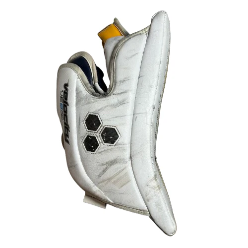 Vaughn Velocity VE8 Pro Carbon - Used Pro Stock Goalie Blocker (White/Yellow/Blue) - Image 2