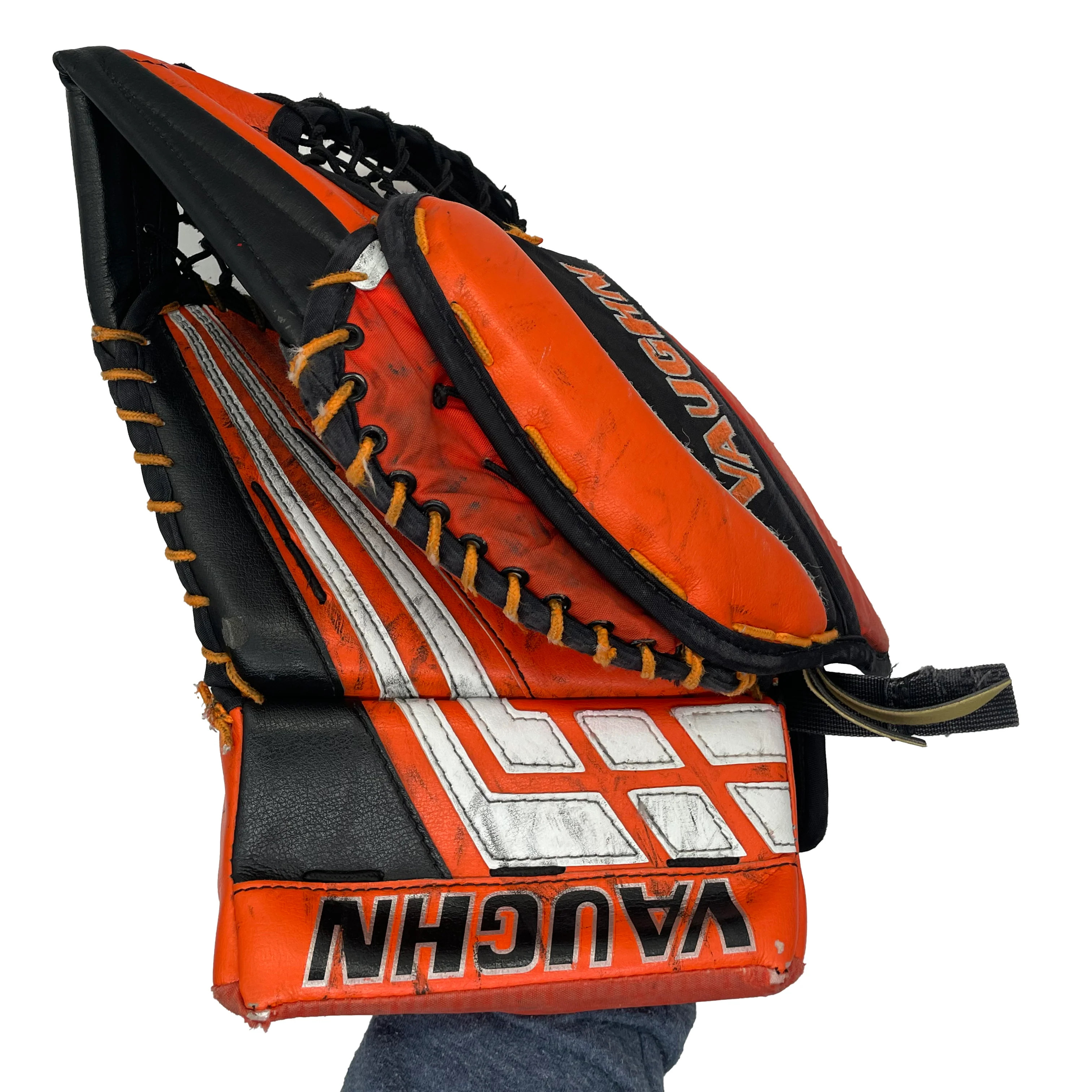 Vaughn Velocity VE8 - Used Pro Stock Goalie Glove (Orange/Black/White) - Image 3