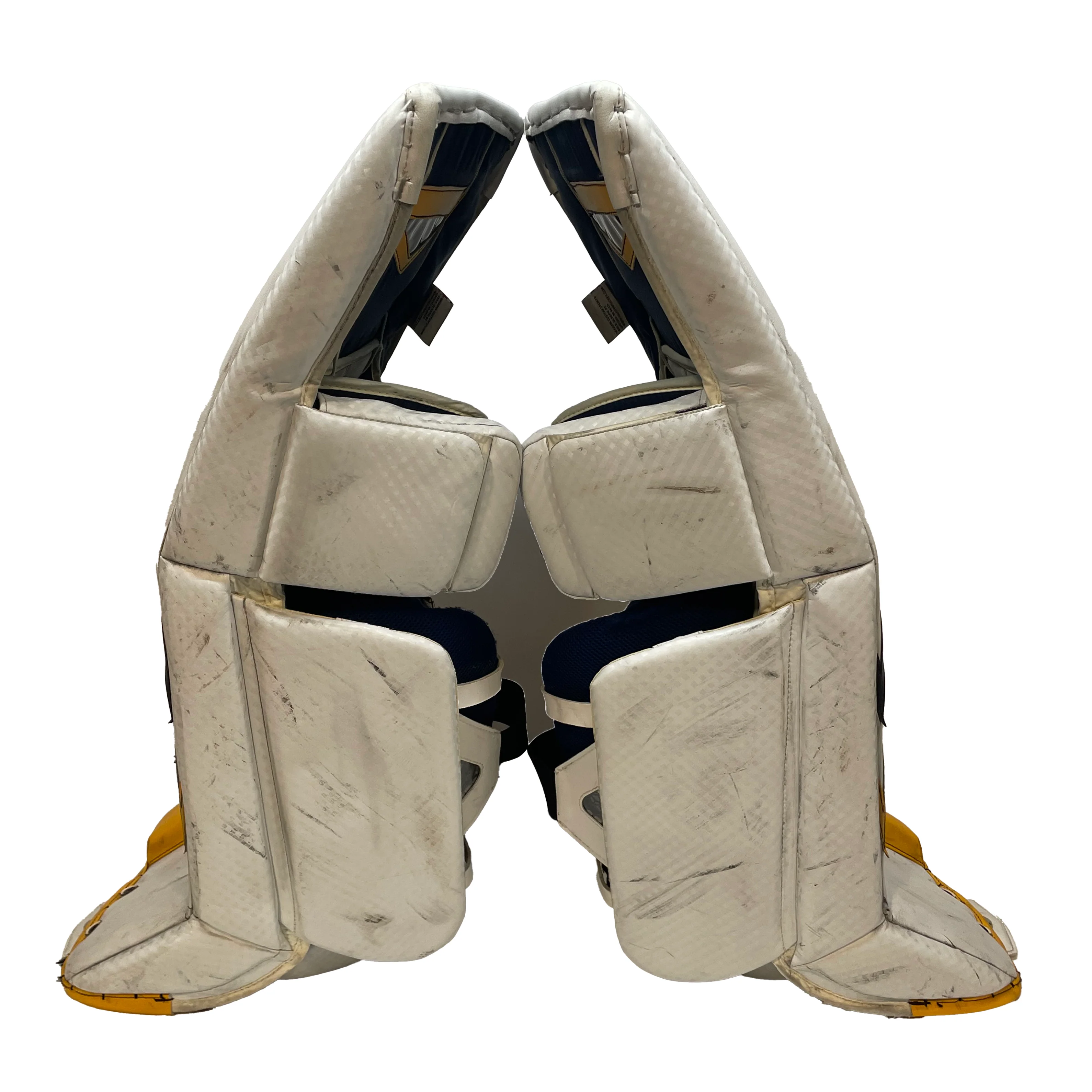 Vaughn Ventus SLR - Used Pro Stock Goalie Pads (White/Yellow/Navy) - Image 3