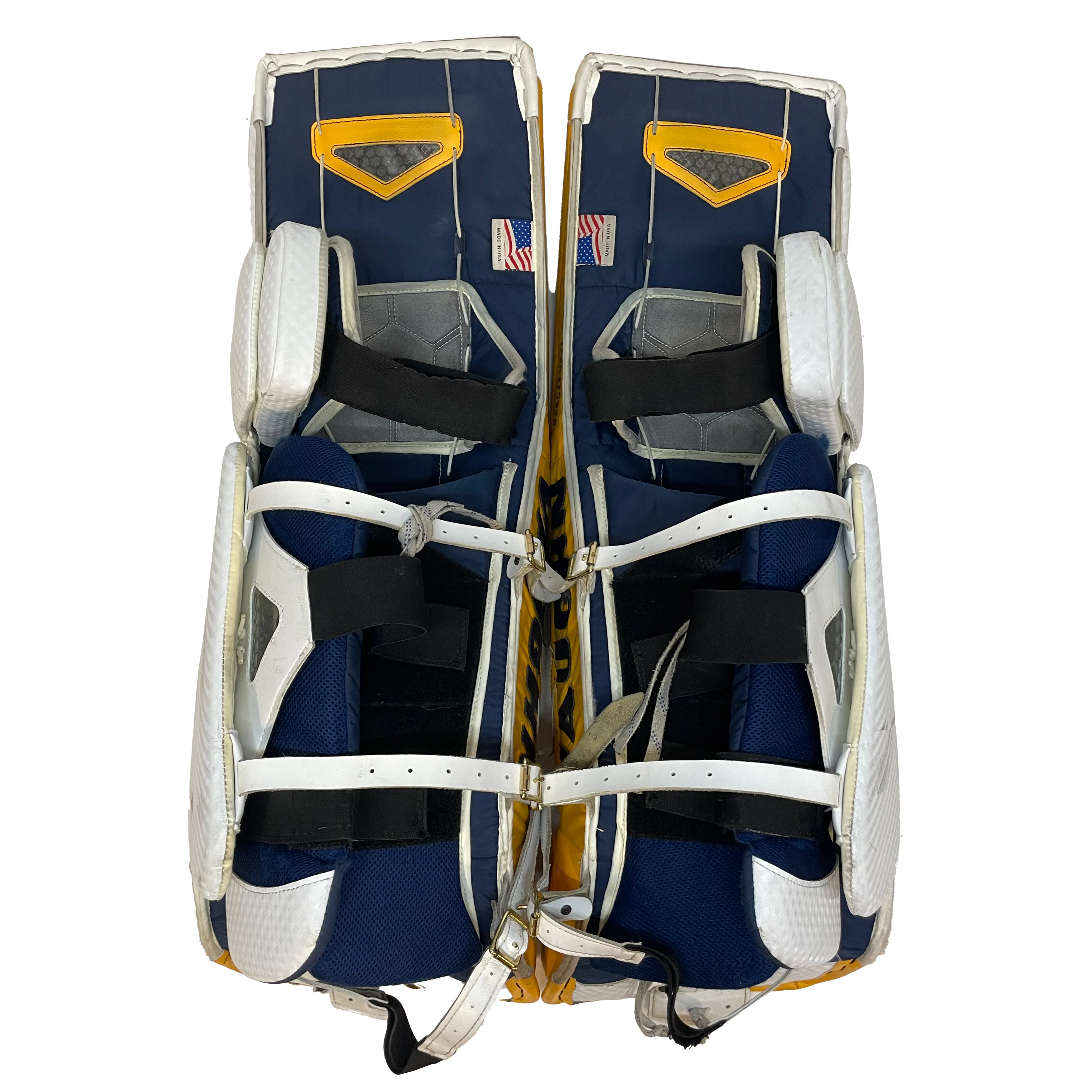 Vaughn Ventus SLR - Used Pro Stock Goalie Pads (White/Yellow/Navy) - Image 4