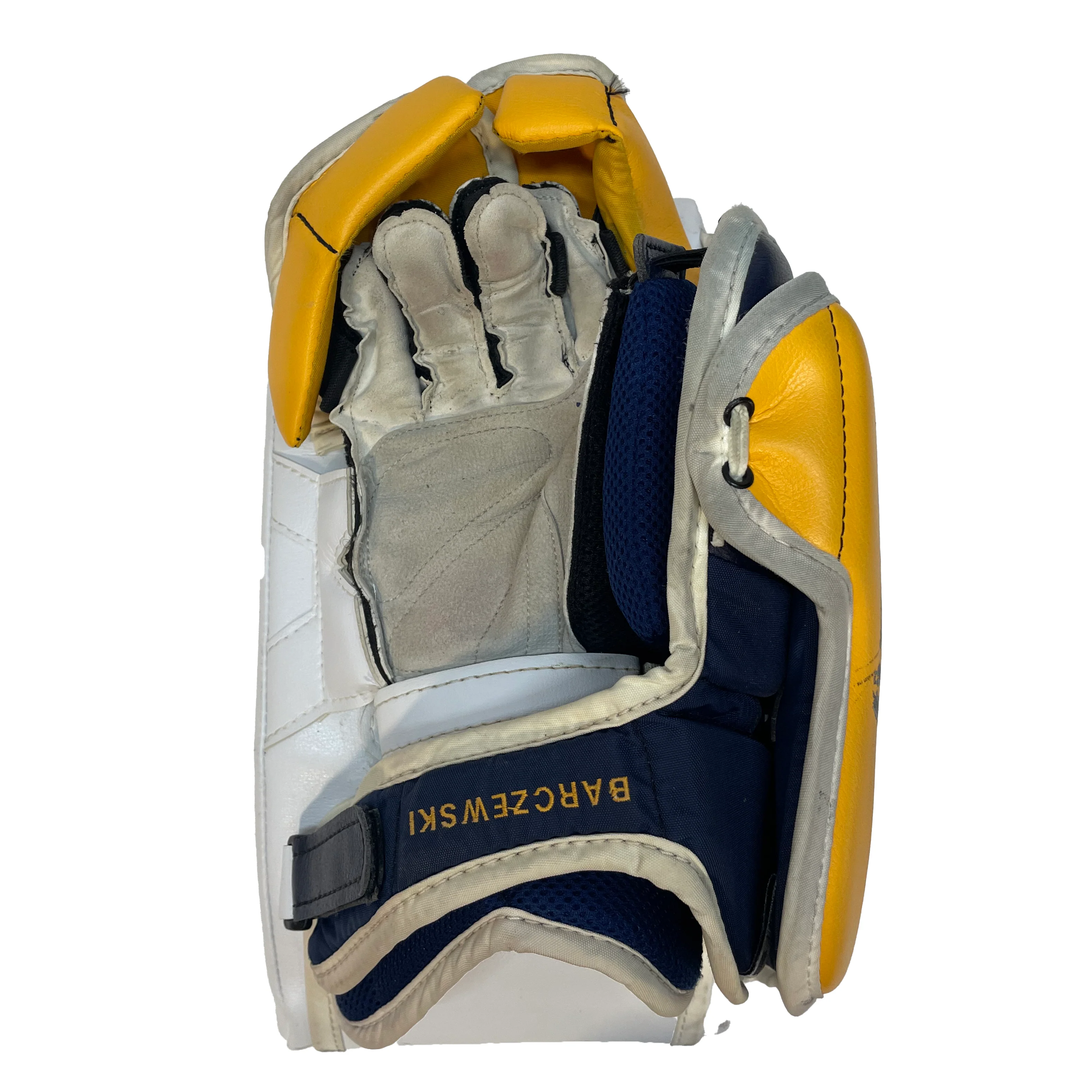 Vaughn Ventus SLR - Used Pro Stock Goalie Pads (White/Yellow/Navy) - Image 9