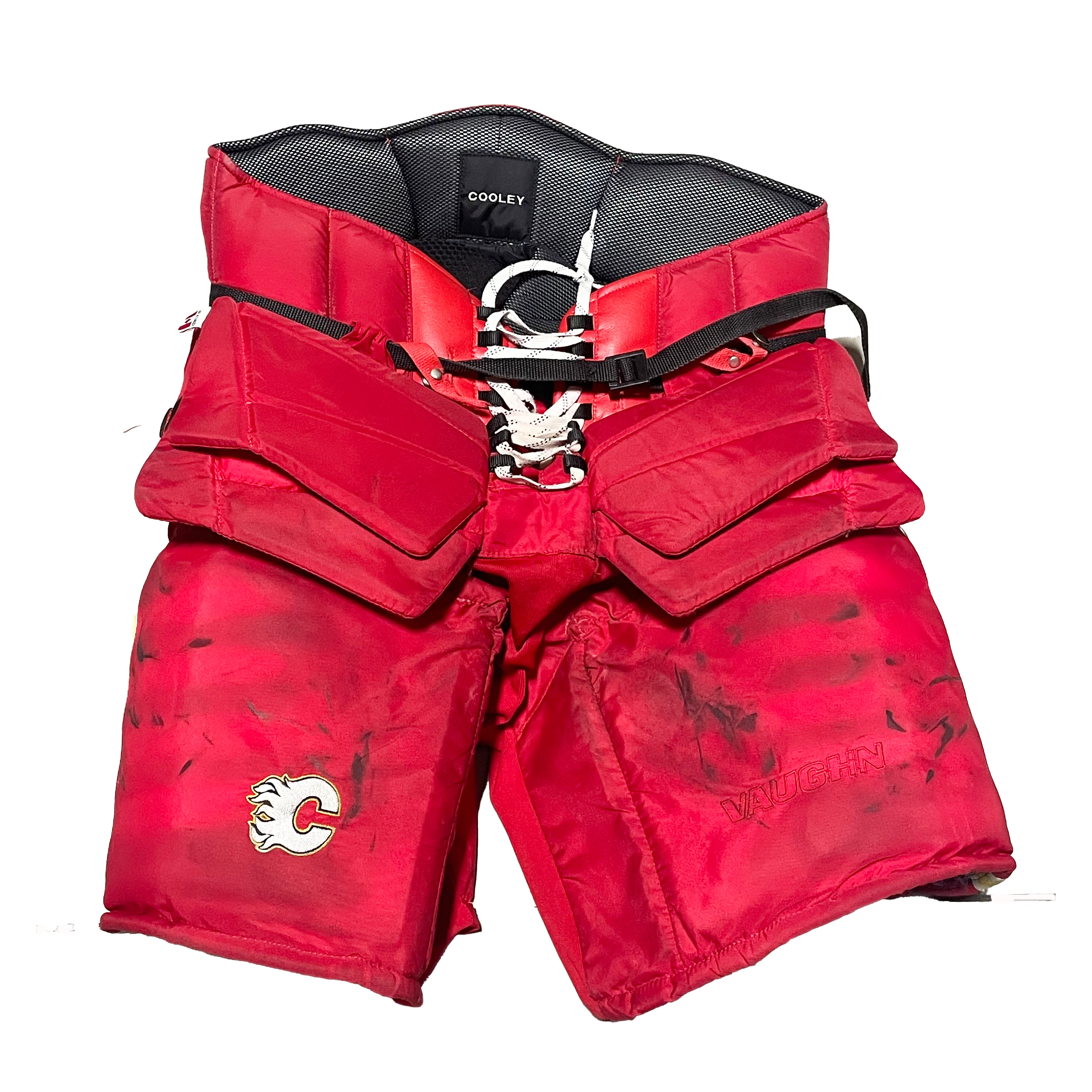 Vaughn Ventus - Used NHL Pro Custom Goalie Pants - Calgary Flames (Red/White/Yellow)